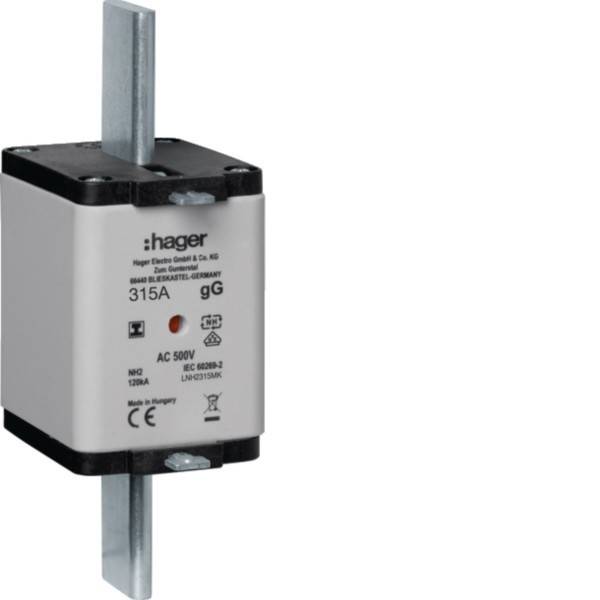 Eine Hager 315A Sicherung mit einem Metallstreifen, gekennzeichnet mit 'AC 500V', konzipiert für elektrische Installationen. Geeignet für industrielle Anwendungen.