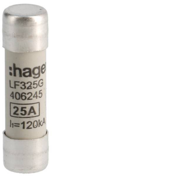 Eine zylindrische elektrische Sicherung mit dem Text 'hager LF325G 406245 125A 10kA', der auf dem weißen Gehäuse gedruckt ist, mit Metallkappen an beiden Enden.