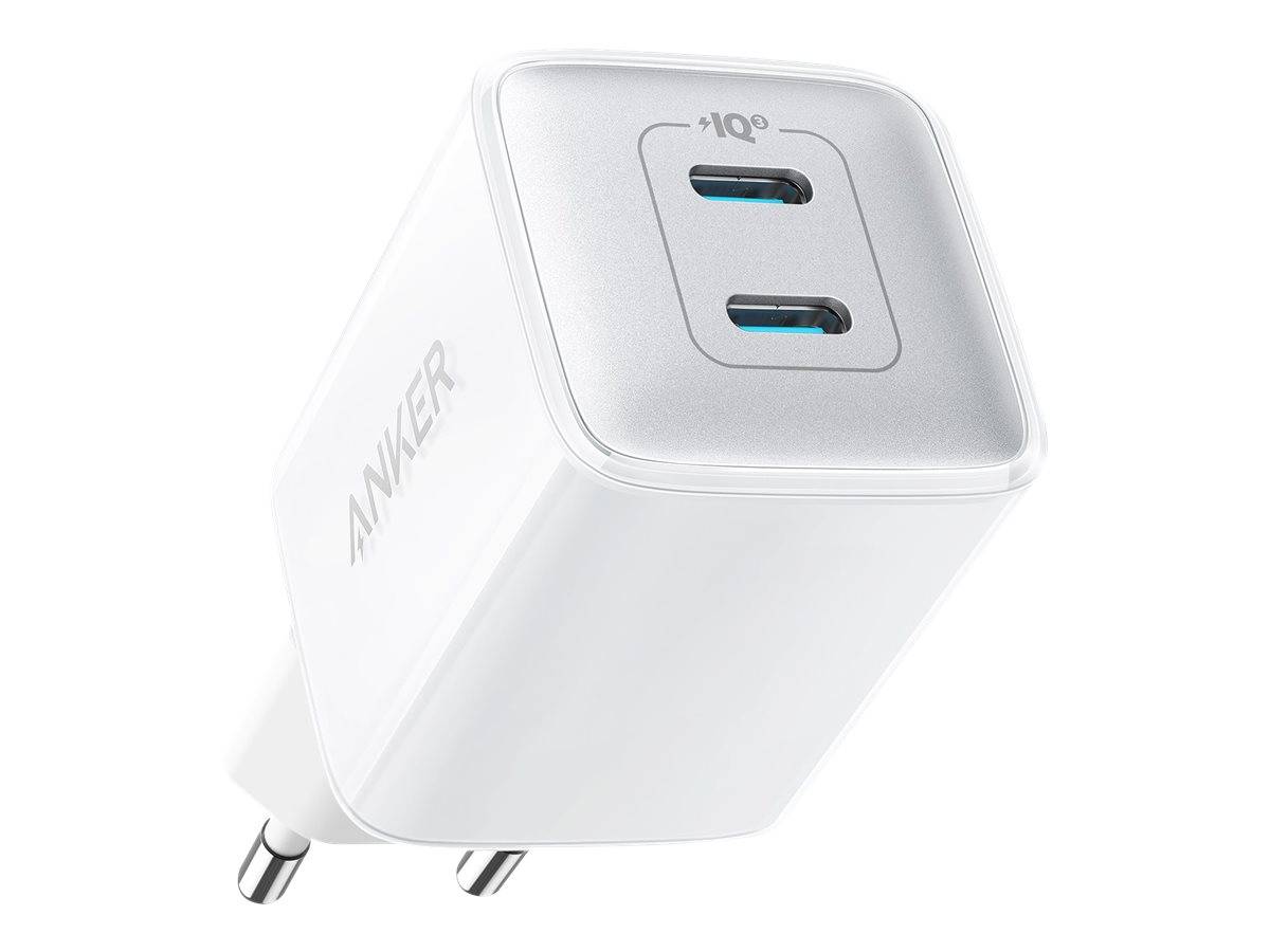 Weißes Anker Dual-Port USB-Wandladegerät mit zwei USB-C-Anschlüssen auf einem kompakten Stecker-Adapter.