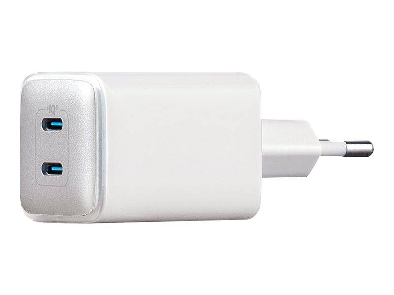 Weiße USB-Wandladegerät mit zwei USB-C-Anschlüssen und einem Steckeraufsatz, gezeigt auf einem einfachen Hintergrund.