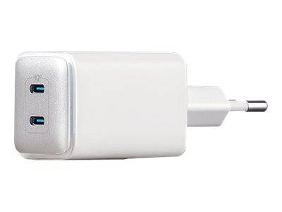 Weiß Wandladegerät mit zwei USB-C-Anschlüssen und europäischem Stecker.