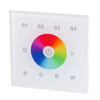 Wandmontierter Touchscreen-LED-Lichtregler mit Farbrad, Ein-/Aus-Schalter und beschrifteten Voreinstellungstasten S1 bis S4 sowie R, G, B, W.