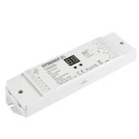 Weiße LED-Treibermodul mit digitaler Anzeige und Schaltschema auf dem Gehäuse, auf einem einfarbigen Hintergrund dargestellt.