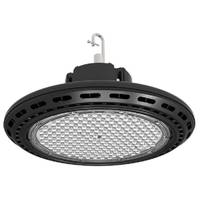 Schwarzte industrielle UFO-LED-Hallenleuchte mit Aufhängehaken-Befestigung, vor weißem Hintergrund dargestellt.