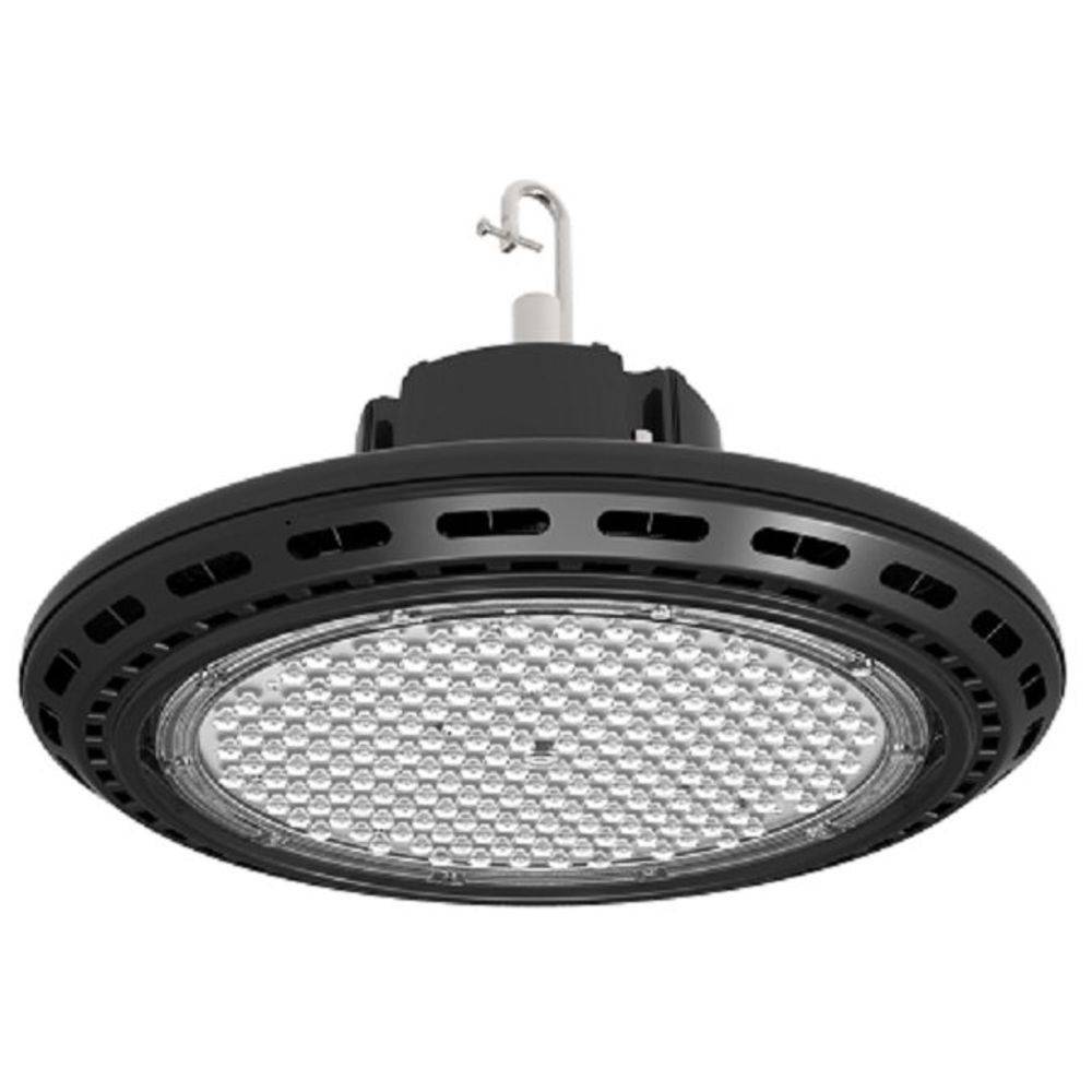 Schwarze industrielle UFO-LED-Hallenleuchte mit Aufhängehaken, dargestellt vor weißem Hintergrund.