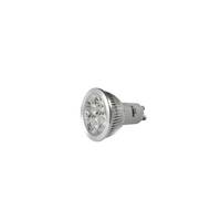 Eine silberne LED-Spotlightlampe mit mehreren kleinen Dioden, dargestellt vor einem einfachen weißen Hintergrund.