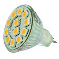 Nahaufnahme einer LED-Spotlampe mit mehreren gelben Dioden auf einer durchscheinenden Basis.