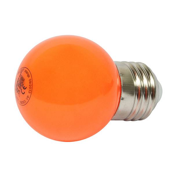 Orangefarbene Glühbirne mit Standard-Metallgewinde auf weißem Hintergrund.