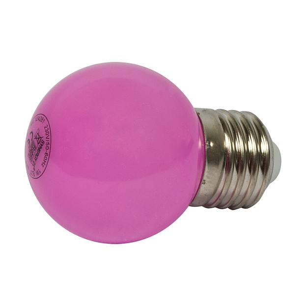 Rosa LED-Glühbirne mit Standard-Schraubsockel, gezeigt auf einem schlichten weißen Hintergrund.