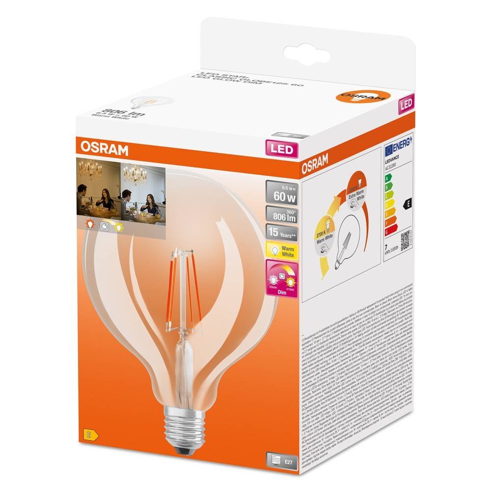 Eine Schachtel OSRAM LED-Glühbirnen, 60W Äquivalent, 806 lm, 15 Jahre Lebensdauer, warmweißes Licht. Enthält Energieeffizienz-Bewertung und Produktdetails.