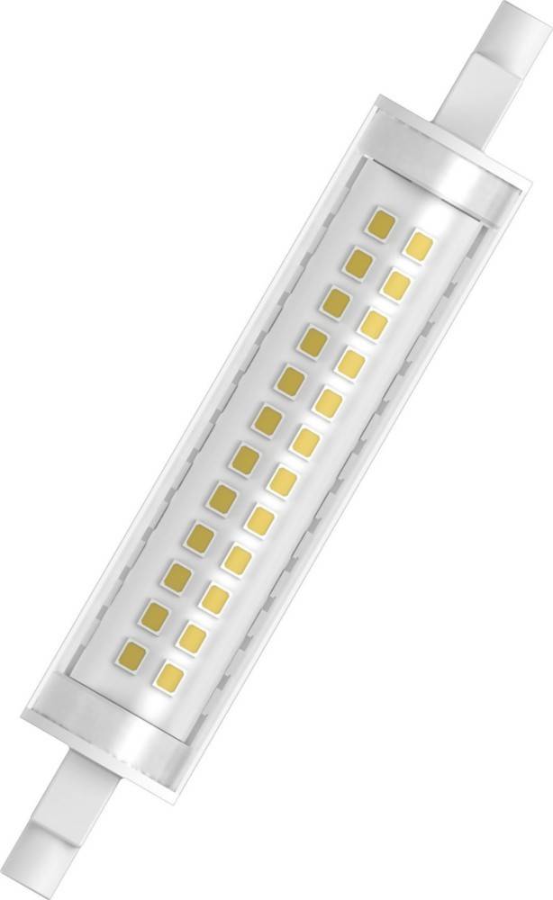 Eine rechteckige LED-Glühbirne mit einer Reihe von kleinen, gleichmäßig angeordneten gelben Quadraten, die einzelne Lichtdioden anzeigen, in einem weißen Gehäuse.