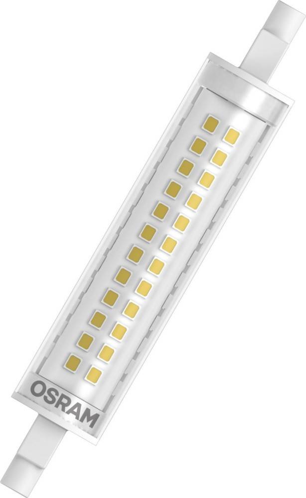 Eine rechteckige LED-Glühbirne mit Reihen kleiner gelber Dioden, die in einer transparenten Abdeckung eingebettet ist. Der Markenname 'OSRAM' ist sichtbar.