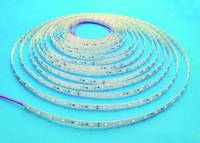 Aufgerollter Streifen aus LED-Lichtband mit kleinen Birnen auf blauem Hintergrund, dargestellt als flexibles Beleuchtungsprodukt.