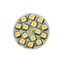 Kreisförmige LED-Platine mit mehreren gelben oberflächenmontieren Dioden, die um die Mitte herum auf weißem Hintergrund angeordnet sind.