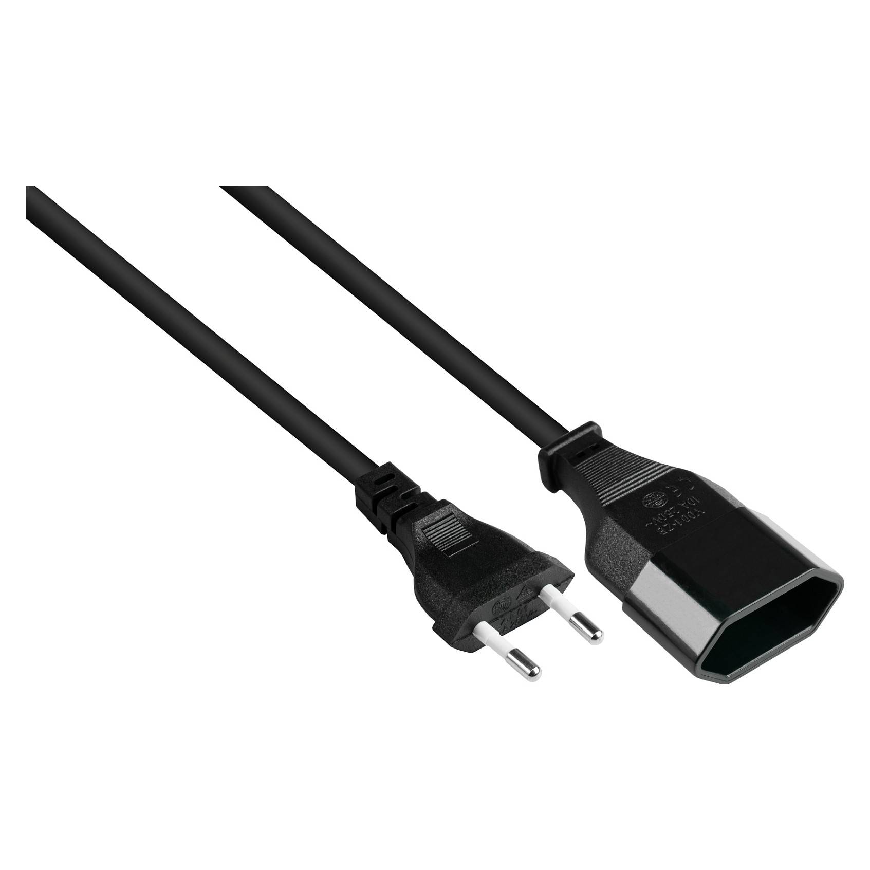 Schwarzes Stromkabel mit europäischem zweipoligem Stecker und rechteckigem Gerätestecker auf weißem Hintergrund.