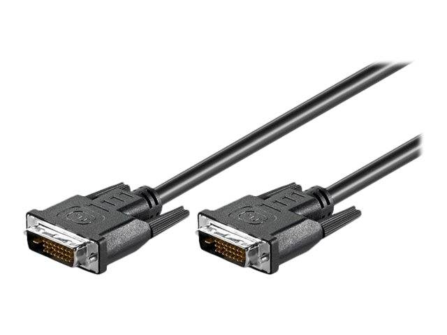 Schwarzes DVI-Kabel mit zwei Anschlüssen, das für digitale Videoanzeigeverbindungen verwendet wird. Jeder Anschluss verfügt über eine Anordnung von vergoldeten Stiften.
