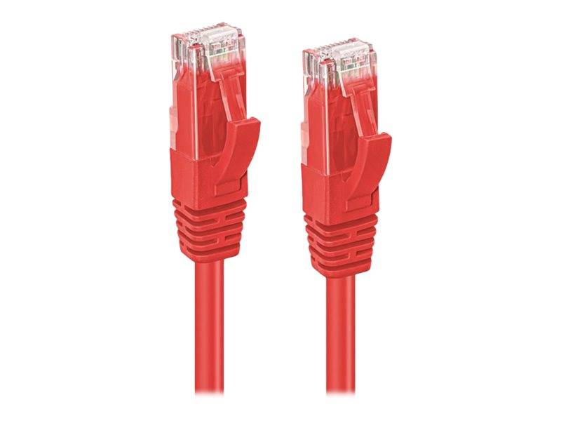 Zwei rote Ethernet-Kabel mit transparenten Steckern an jedem Ende, die für Netzwerkverbindungen verwendet werden.