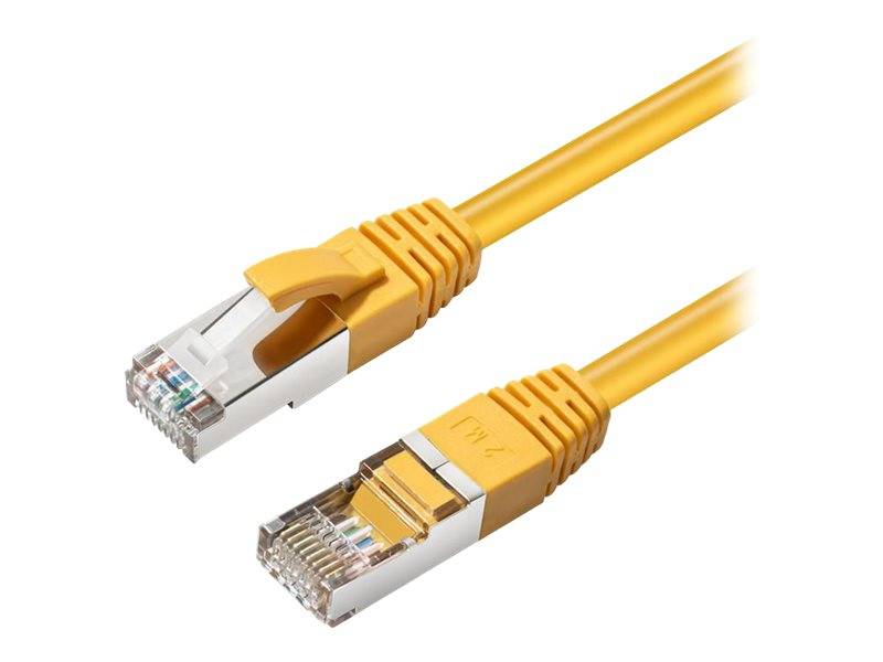 Gelbes Ethernet-Kabel mit RJ45-Steckern an beiden Enden, verwendet für Netzwerk- und Internetverbindungen.