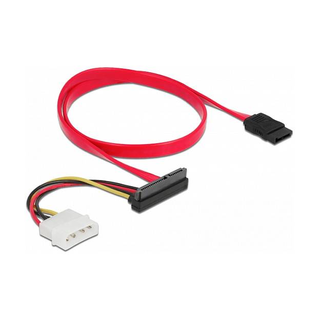 Rotes SATA-Kabel mit einem schwarzen SATA-Stecker und einem weißen Stromadapterstecker auf weißem Hintergrund.