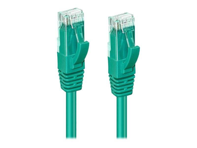 Zwei grüne Ethernet-Kabel mit RJ45-Steckern, nebeneinander positioniert, zur Netzwerkverbindung verwendet.