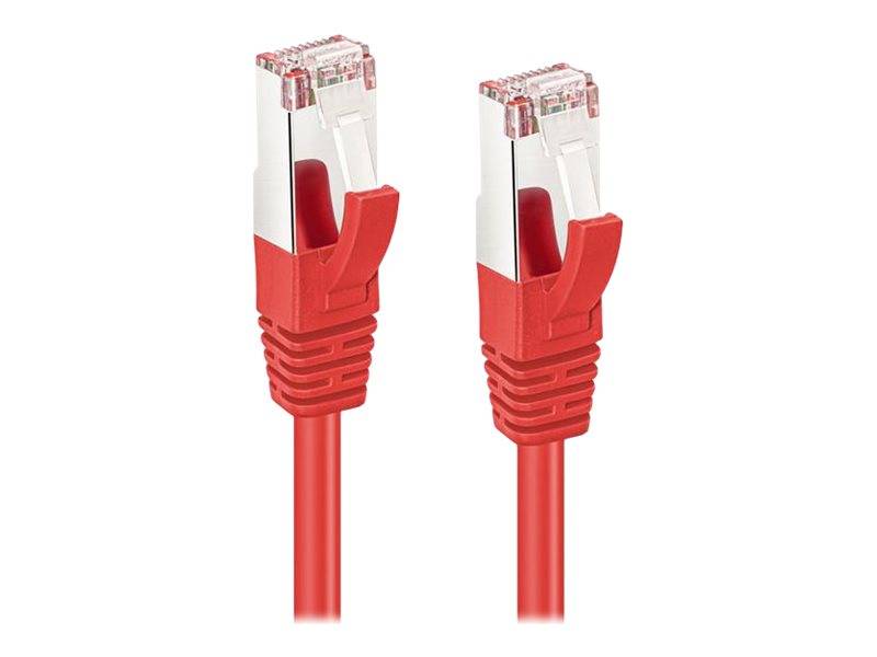 Zwei rote Ethernet-Kabel mit Metallsteckern und Kunststoffclips auf einem weißen Hintergrund.