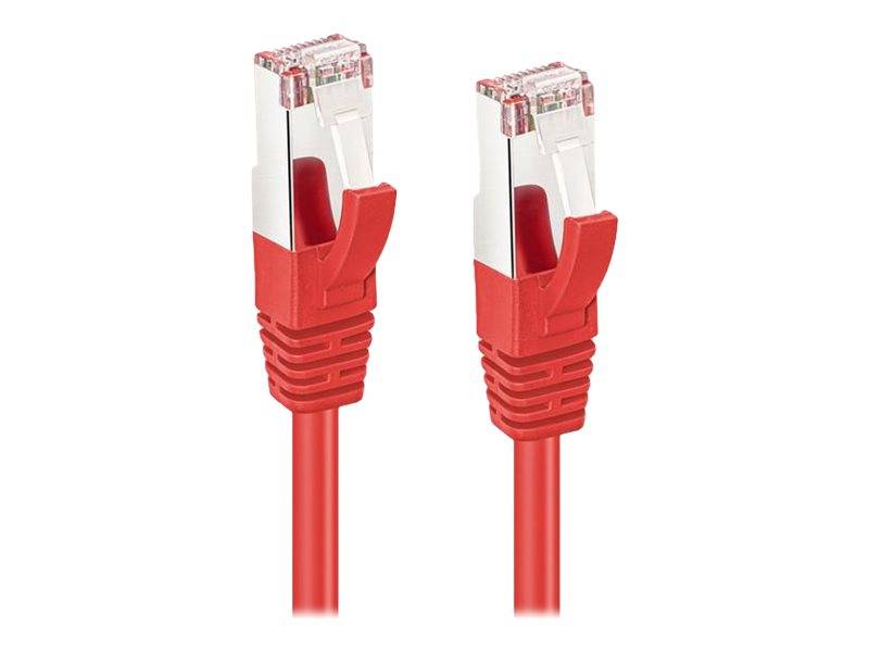 Rotes Ethernet-Kabel mit zwei RJ-45-Steckern, verwendet für Netzwerkverbindungen.