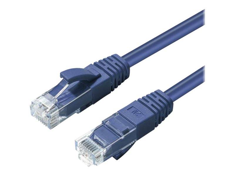 Ein blaues Ethernet-Kabel mit Steckern, verwendet für Netzwerk- und Internetverbindungen.