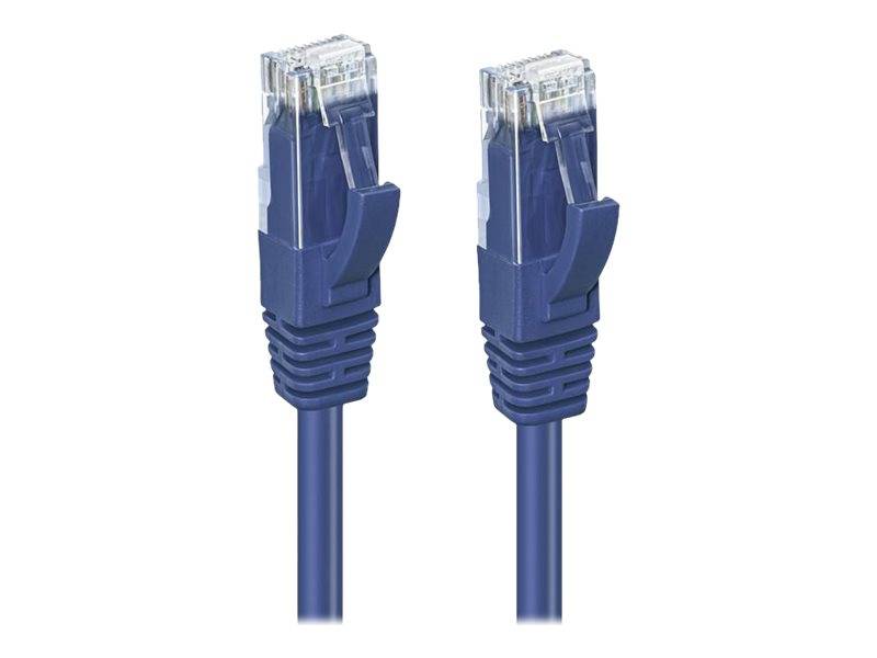 Zwei blaue Ethernet-Kabel mit transparenten Steckern, verwendet für Netzwerkverbindungen.