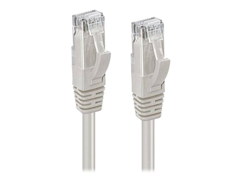 Zwei graue Ethernet-Kabel mit Clips, Nahaufnahme der Steckerenden.