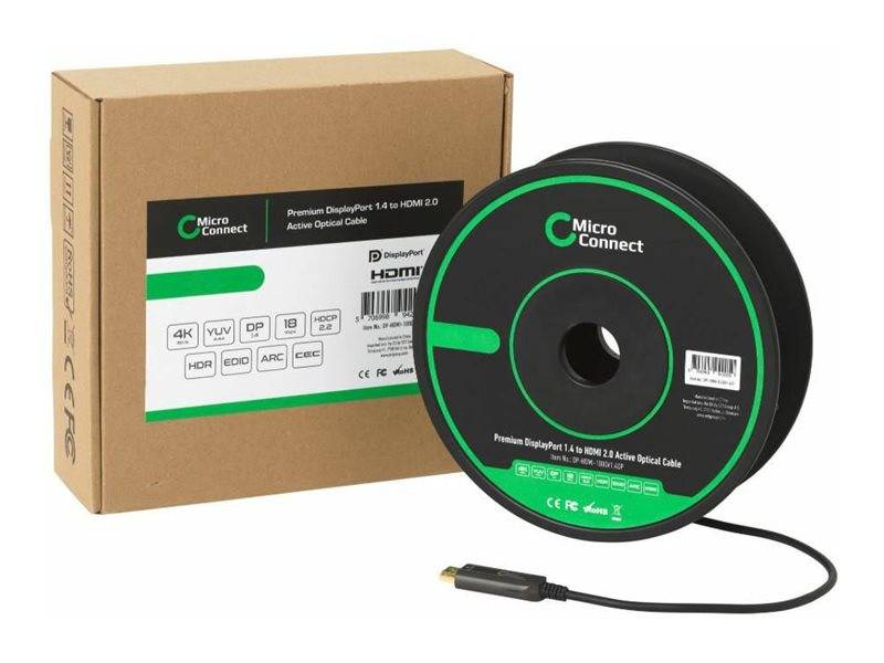 Micro Connect Premium DisplayPort 1.4 zu HDMI 2.0 aktives Lichtwellenleiterkabel dargestellt mit seiner Einzelhandelsverpackung und Spulenverpackung.