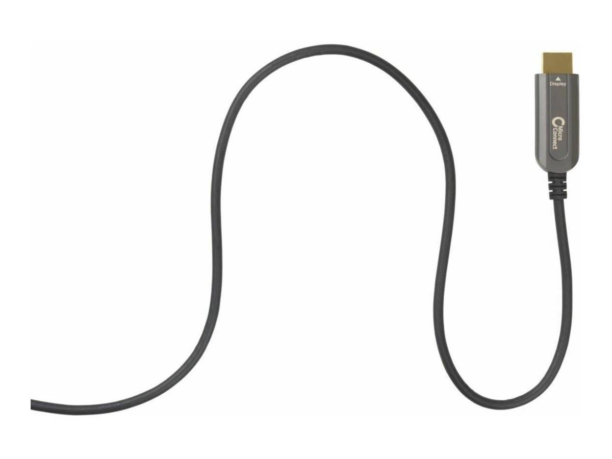 Schwarzes HDMI-Kabel mit einem kompakten Adapter an einem Ende, gezeigt auf weißem Hintergrund.