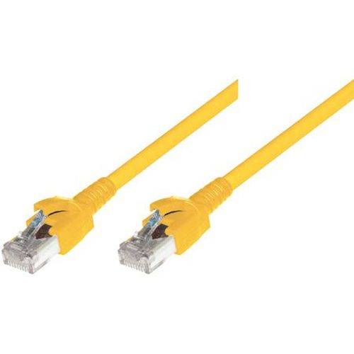 Zwei gelbe Ethernet-Netzwerkkabel mit RJ45-Steckern auf weißem Hintergrund.