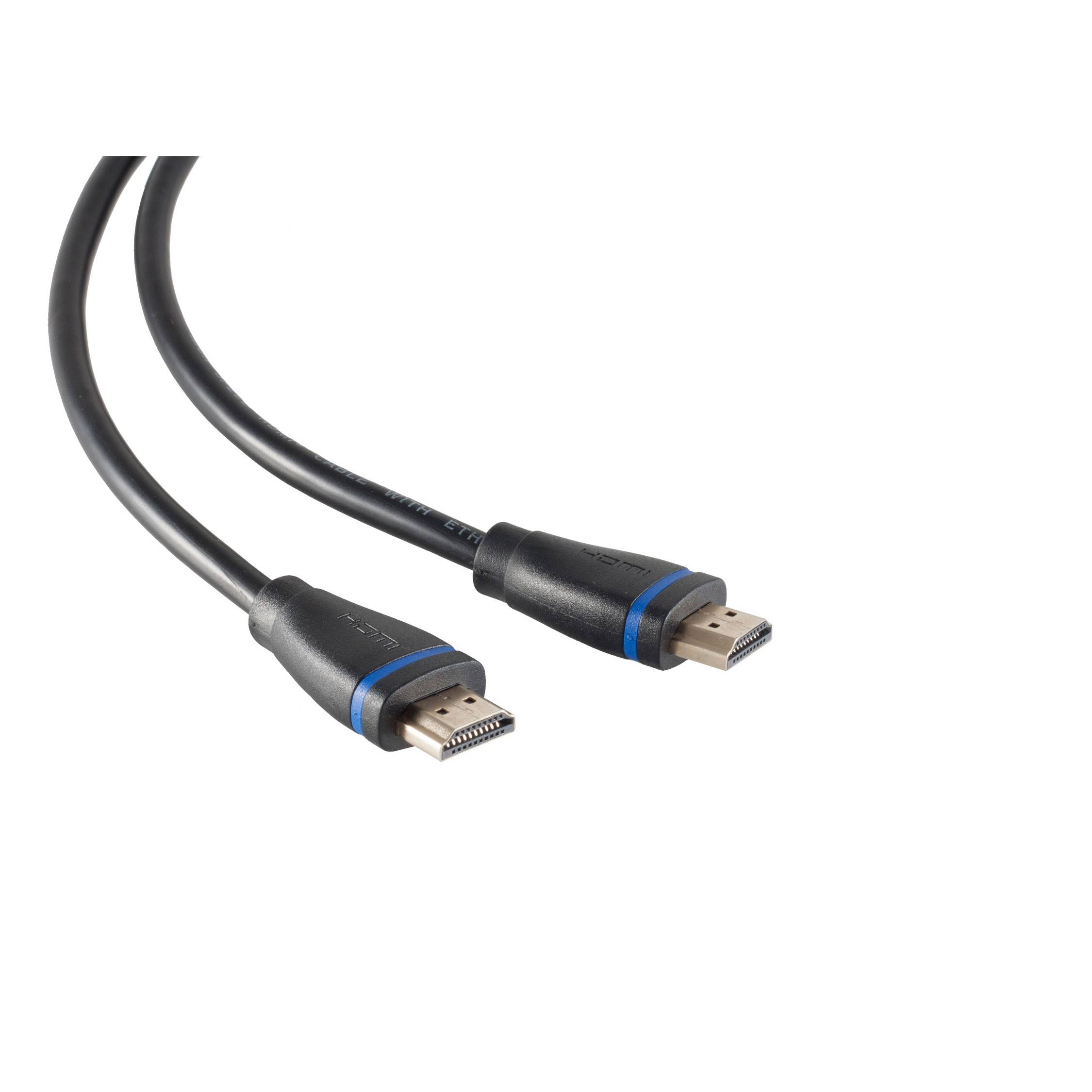 Schwarzes HDMI-Kabel mit zwei männlichen Steckern auf weißem Hintergrund.