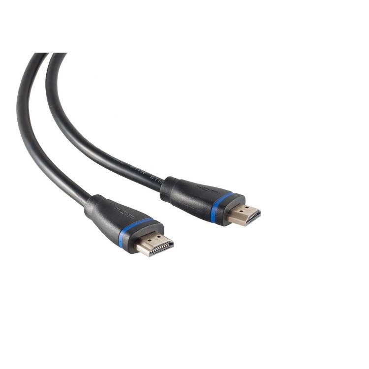 Schwarzes HDMI-Kabel mit zwei Anschlüssen auf weißem Hintergrund dargestellt.