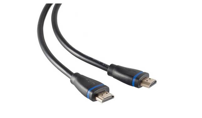 Zwei schwarze HDMI-Kabel mit vergoldeten Steckern, gezeigt auf weißem Hintergrund.