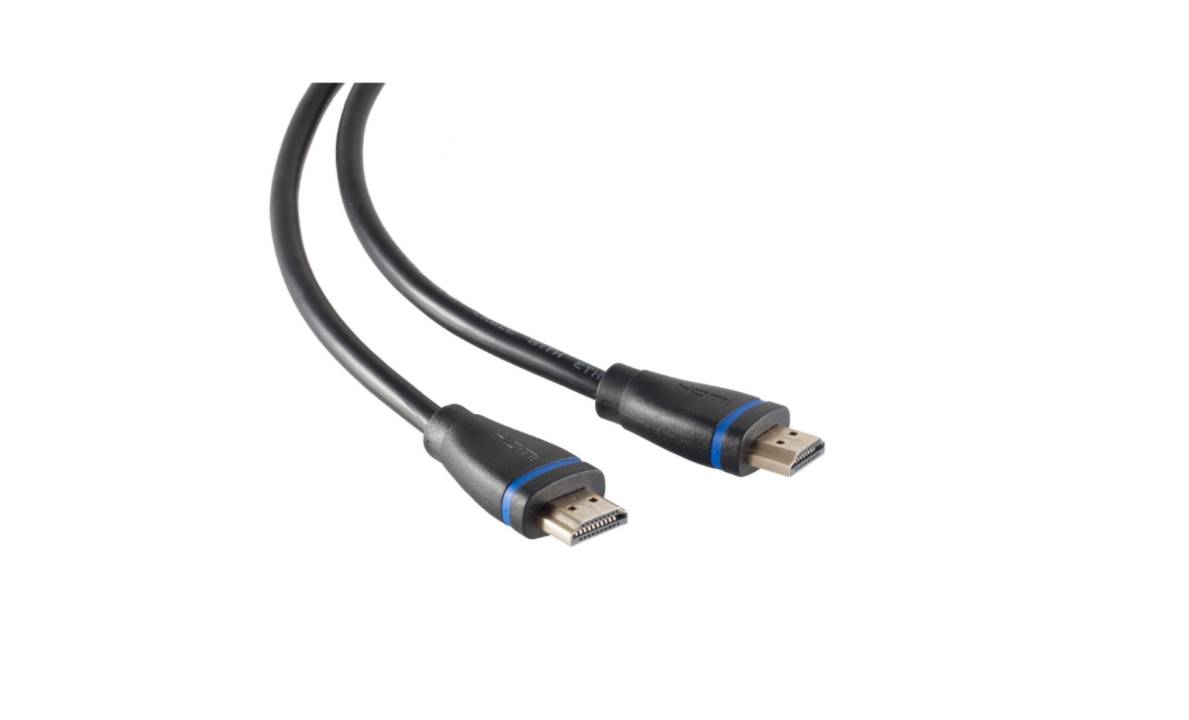 Nahaufnahme eines schwarzen Kabels mit zwei verschiedenen Steckverbindern, wahrscheinlich HDMI an einem Ende und Mini-DisplayPort oder ähnliches am anderen Ende.