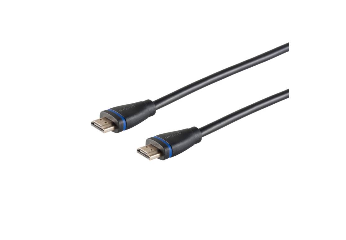 Zwei HDMI-Kabelstecker auf schwarzen Kabeln, gezeigt auf weißem Hintergrund.