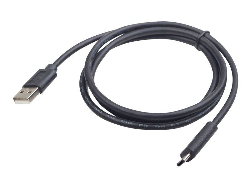 Schwarzes USB-Kabel mit einem USB-A-Anschluss auf der einen Seite und einem USB-C-Anschluss auf der anderen Seite, aufgerollt auf weißem Hintergrund.