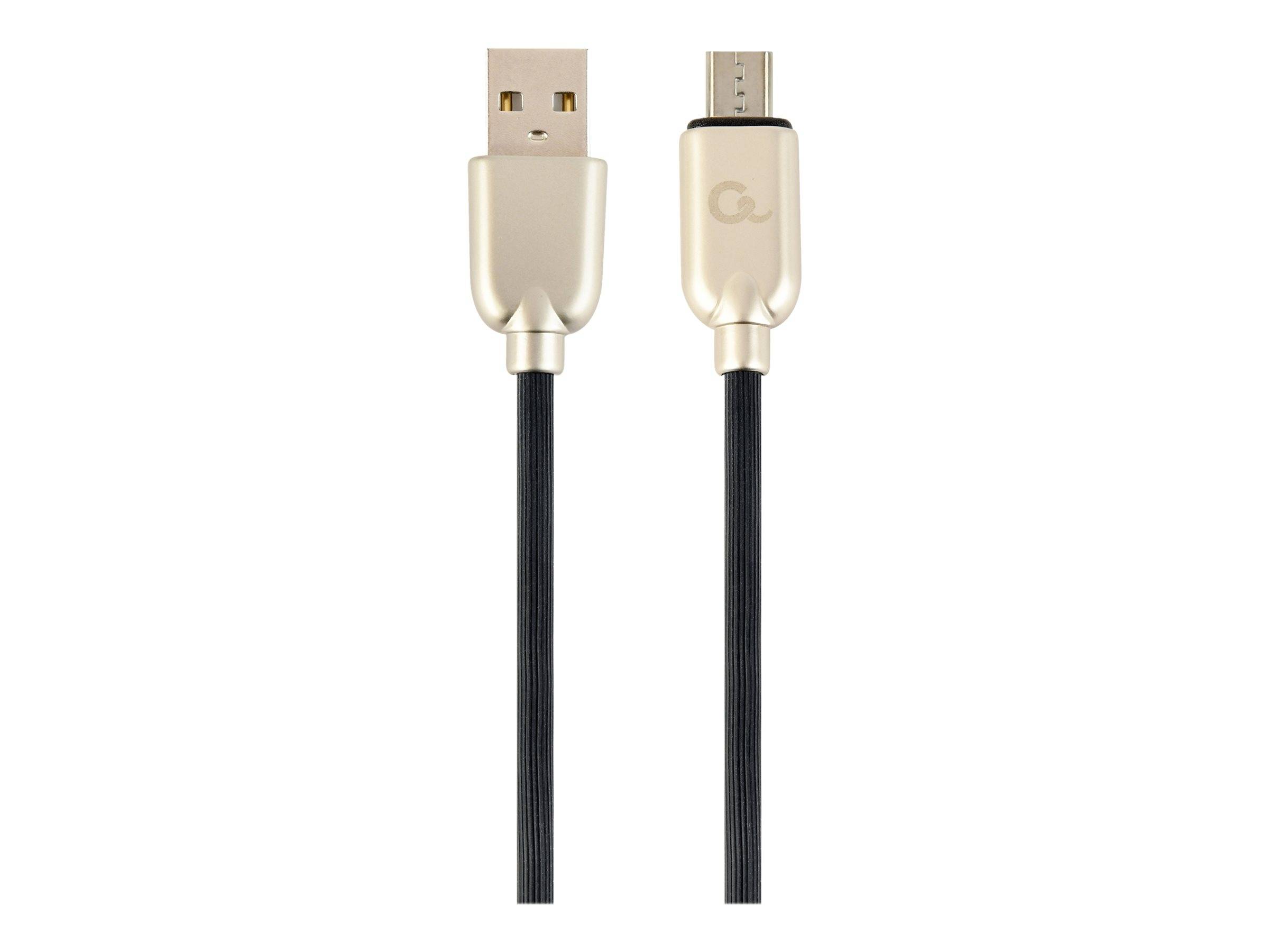 Schwarzes USB-Kabel mit Goldanschlüssen, zeigt einen USB-A-Stecker und einen Micro-USB-Stecker auf weißem Hintergrund