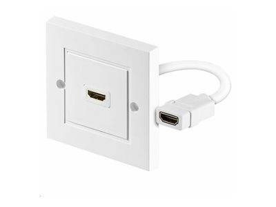Wandmontierte HDMI-Durchgangsblende mit Kabel und Stecker für die TV- oder Display-Verkabelung in der Wand.