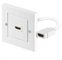Eine an der Wand montierte HDMI-Buchse mit herausstehendem HDMI-Kabel und Stecker.