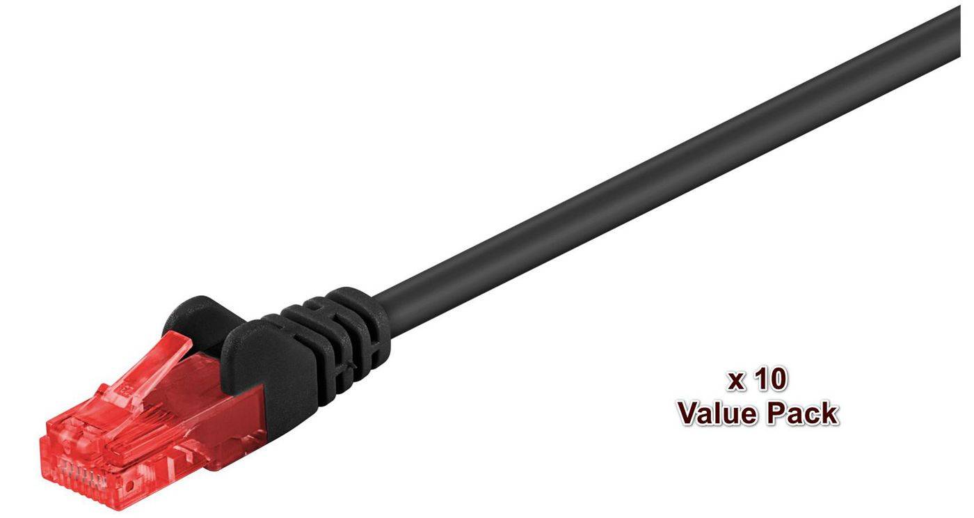Rotes Ethernet-Kabel mit transparentem rotem RJ45-Stecker, beschriftet mit „x 10 Value Pack