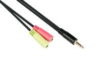 Audiokabel-Splitter mit einem schwarzen 3,5-mm-Stecker und zwei Buchsen, eine rosa und eine grün, für Mikrofon- und Kopfhörerverbindungen.