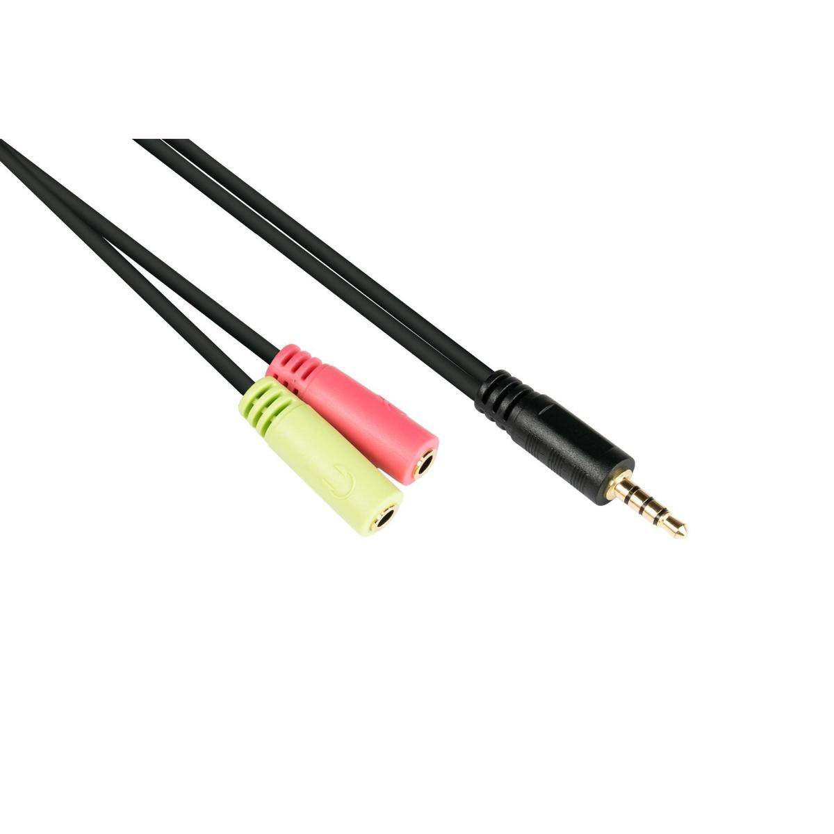 Zwei Audiokabel mit schwarzen Leitern: eines endet in rosafarbenen und grünen weiblichen Buchsen, das andere in einem goldenen 3,5-mm-Stecker.