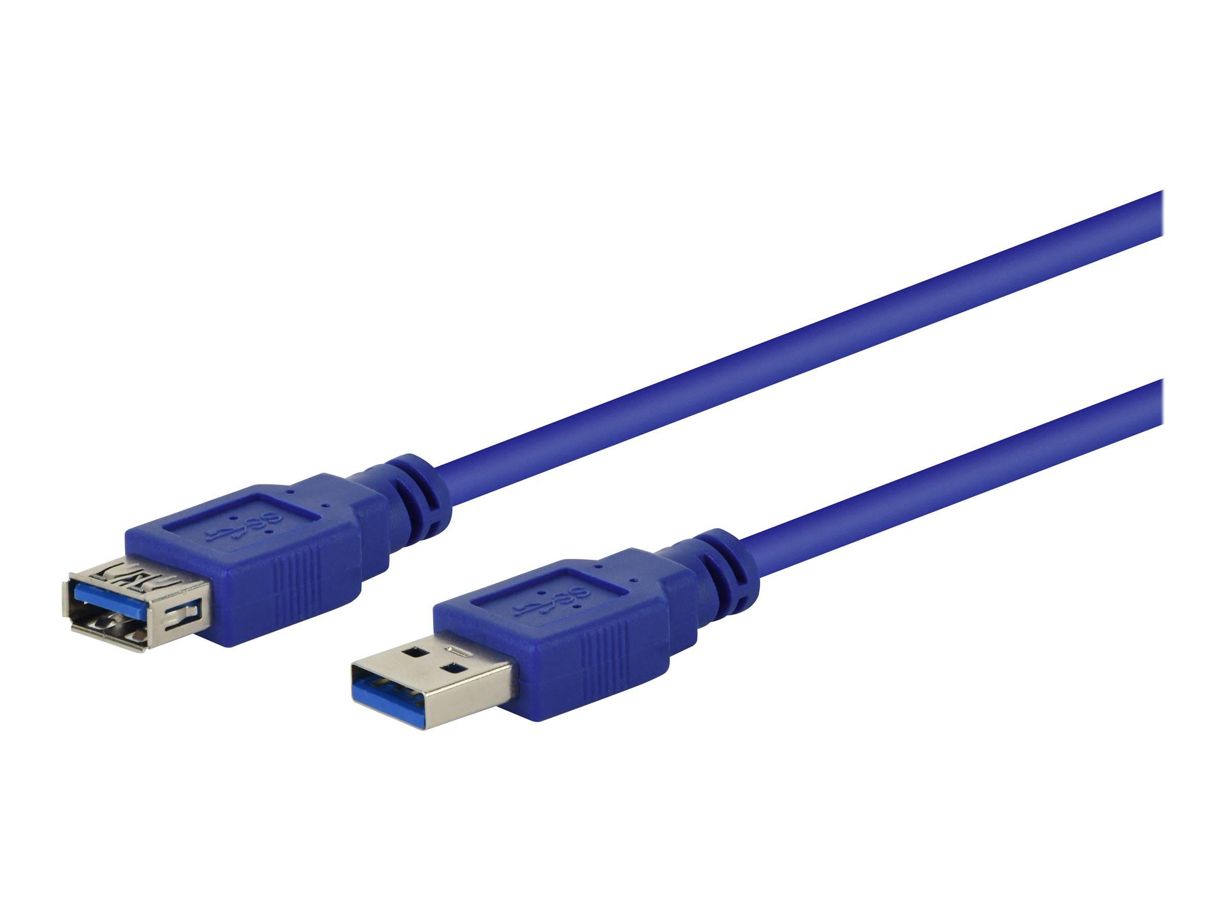 Blaues USB 3.0-Kabel mit zwei männlichen Steckern: Standard-USB-A und USB-A-Stecker, auf weißem Hintergrund dargestellt.