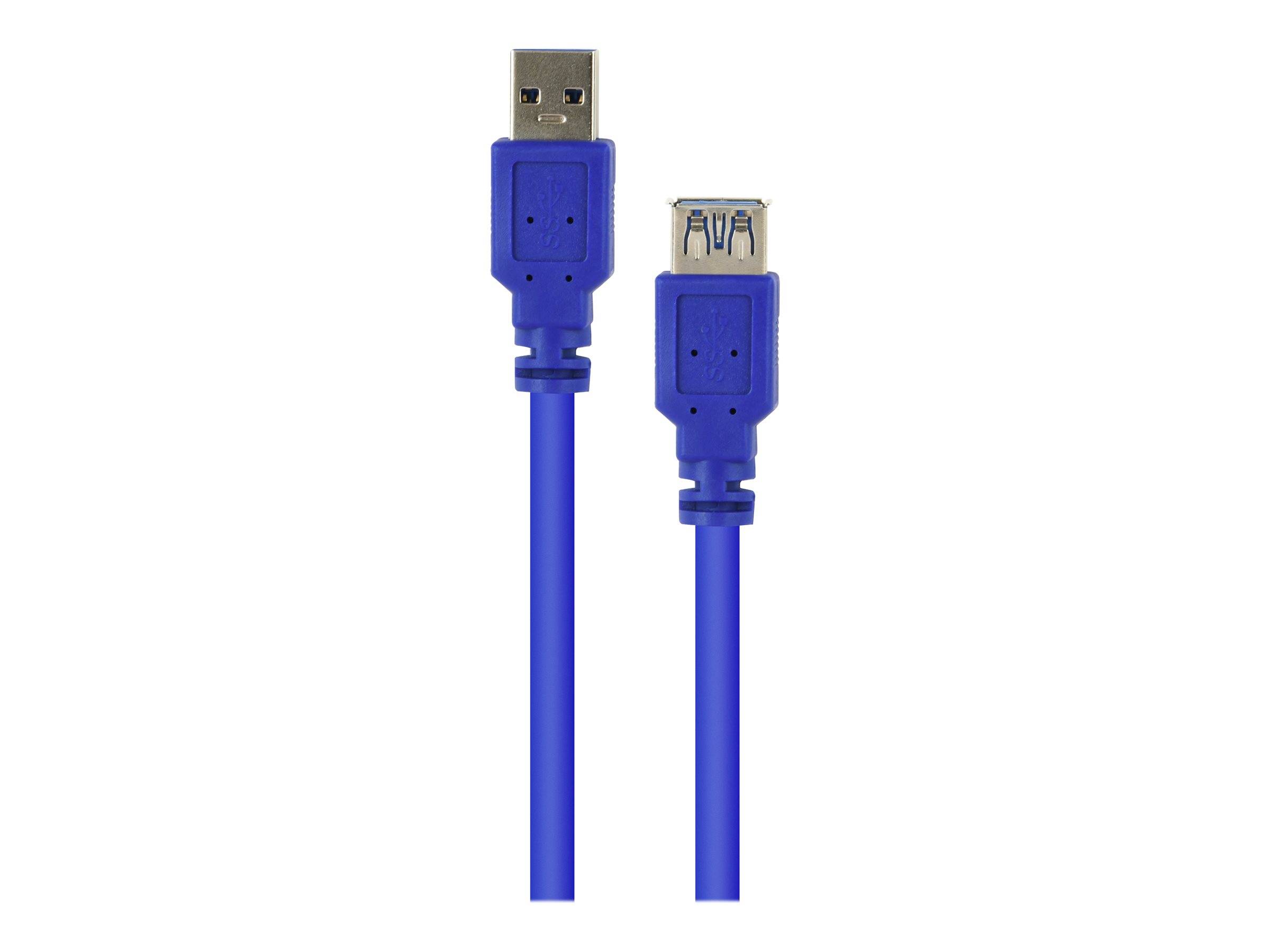 Blaues USB-Kabel mit einem Standard-USB-A-Stecker an einem Ende und einem kleineren USB-Anschluss am anderen Ende, gezeigt auf weißem Hintergrund.