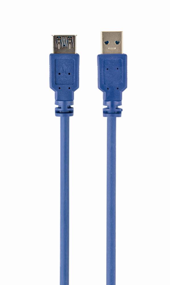 Blaues USB-Kabel mit USB-A-Stecker an einem Ende und USB-B-Micro-Stecker am anderen Ende, abgebildet auf weißem Hintergrund.