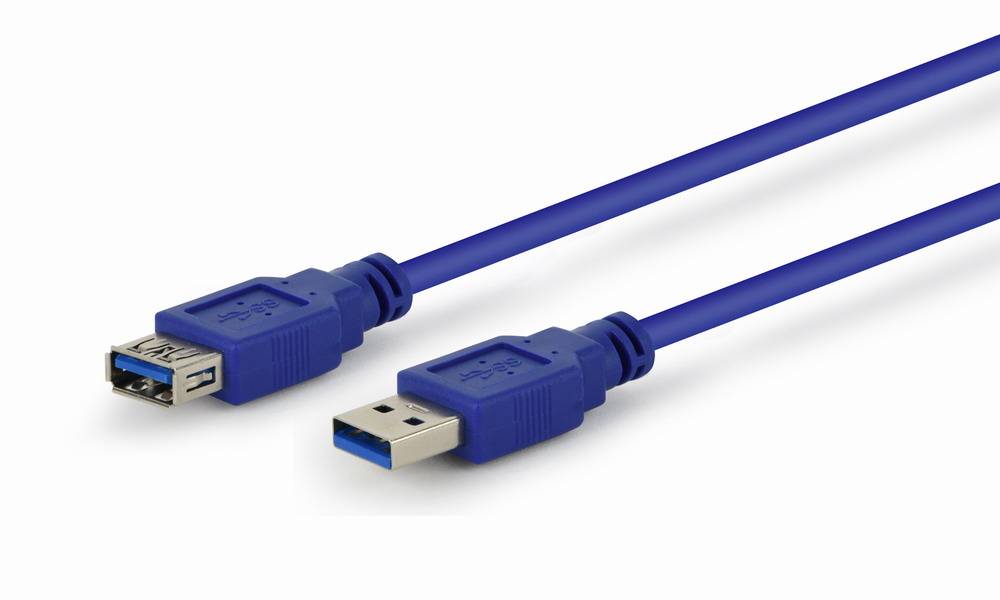 Blaues USB-3.0-Kabel mit zwei männlichen Steckern auf weißem Hintergrund: ein Standard-USB-A-Stecker und ein USB-A-Stecker.