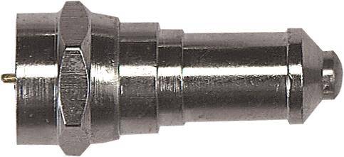 Metallischer zylindrischer Stecker mit sechseckigem Bund und konischer Spitze, in Seitenansicht auf weißem Hintergrund dargestellt.