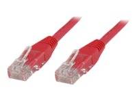 Ein rotes Ethernet-Kabel mit zwei Anschlüssen an beiden Enden, das für Netzwerkverbindungen verwendet wird.